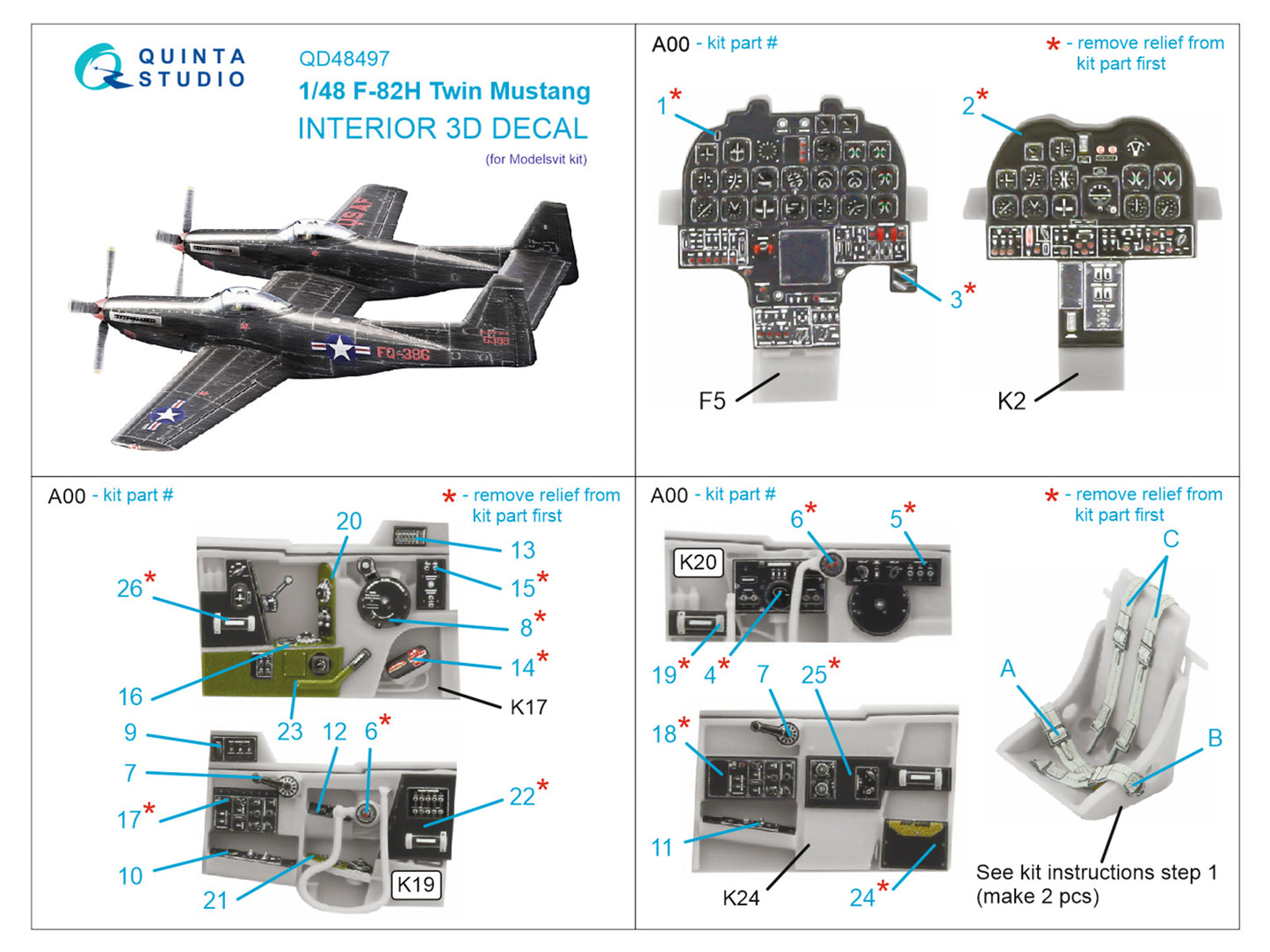 Quinta Studio QD48497 1:48 F-82H Twin Mustang 3D Interior Decal
