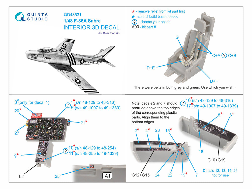 Quinta Studio QD48531 1:48 F-86A Sabre 3D Interior Decal