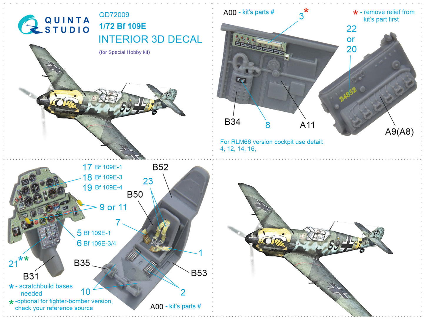 Quinta Studio QD72009 1:72 Bf-109E 3D Interior Decal
