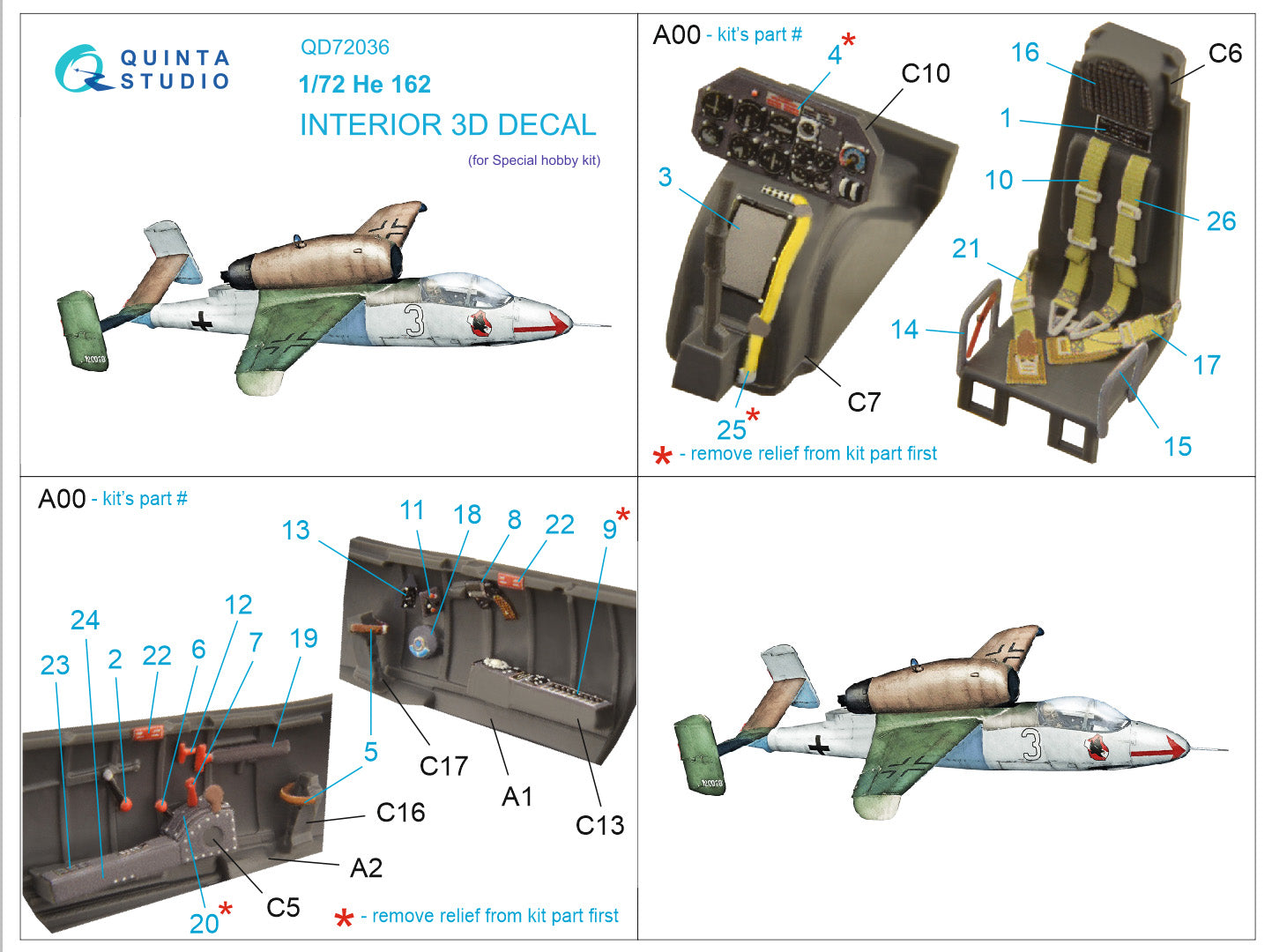 Quinta Studio QD72036 1:72 Heinkel He-162 3D-Printed Interior Decals