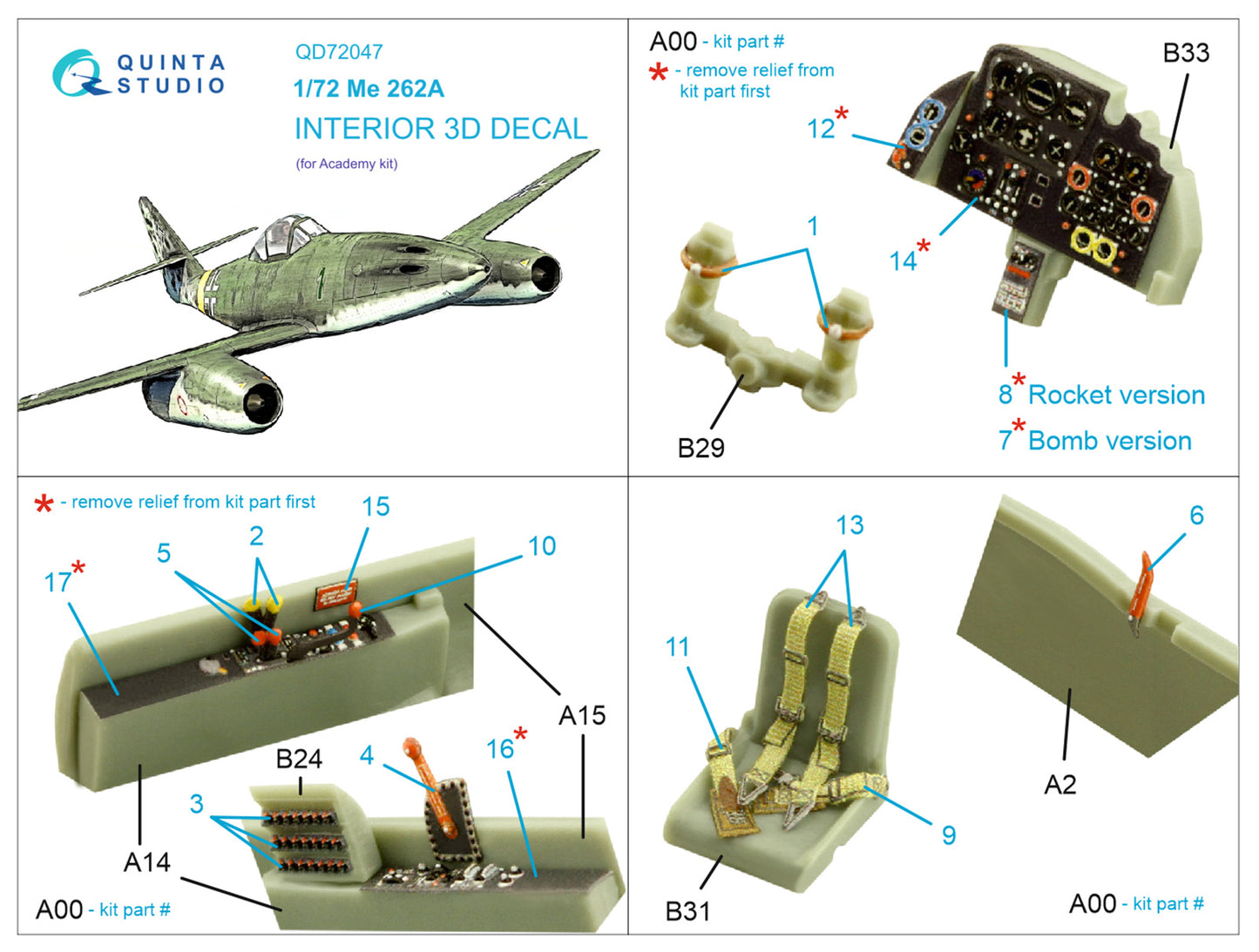 Quinta Studio QD72047 1:72 Me-262A 3D Interior Decal