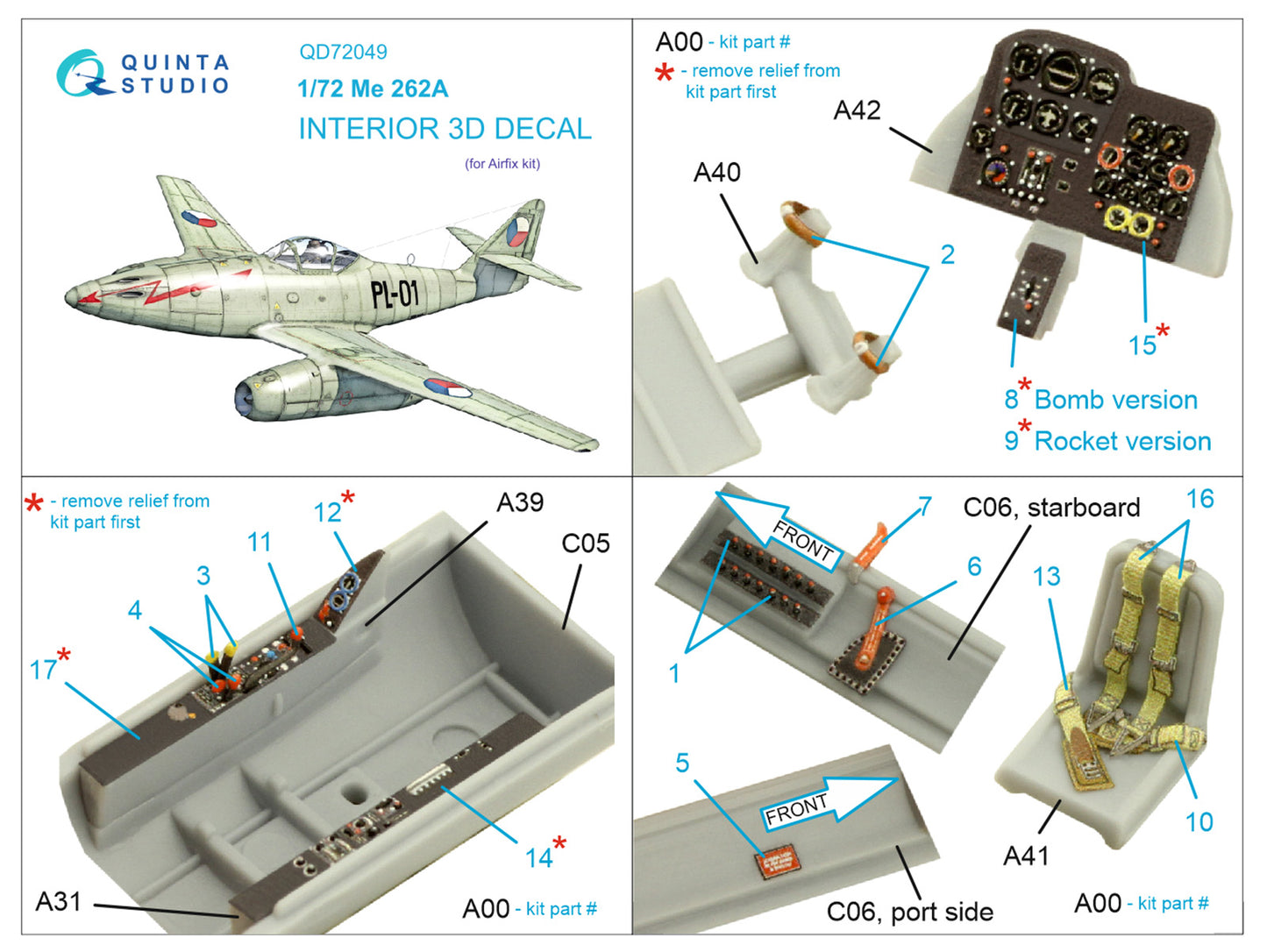 Quinta Studio QD72049 1:72 Me-262A-2A 3D Interior Decal