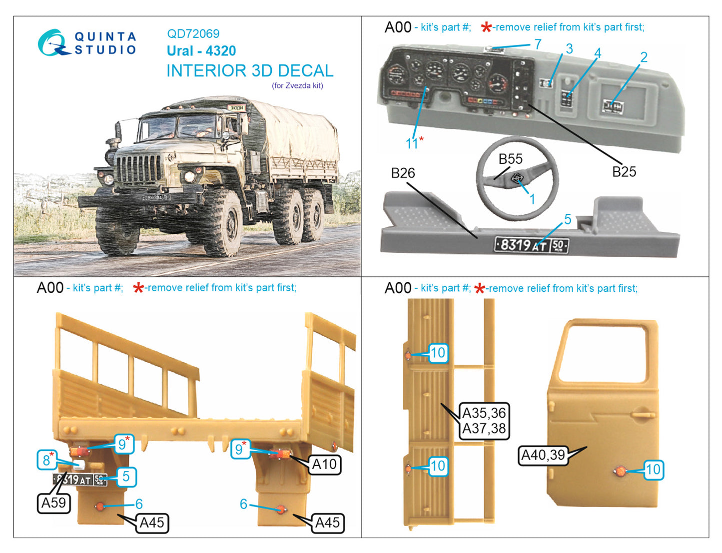 Quinta Studio QD72069 1:72 URAL 4320 3D-Printed coloured Interior on decal paper