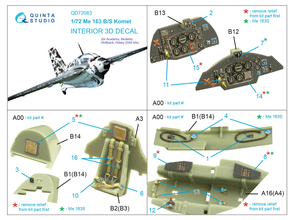 Quinta Studio QD72083 1:72 Me-163B 3D Interior Decal