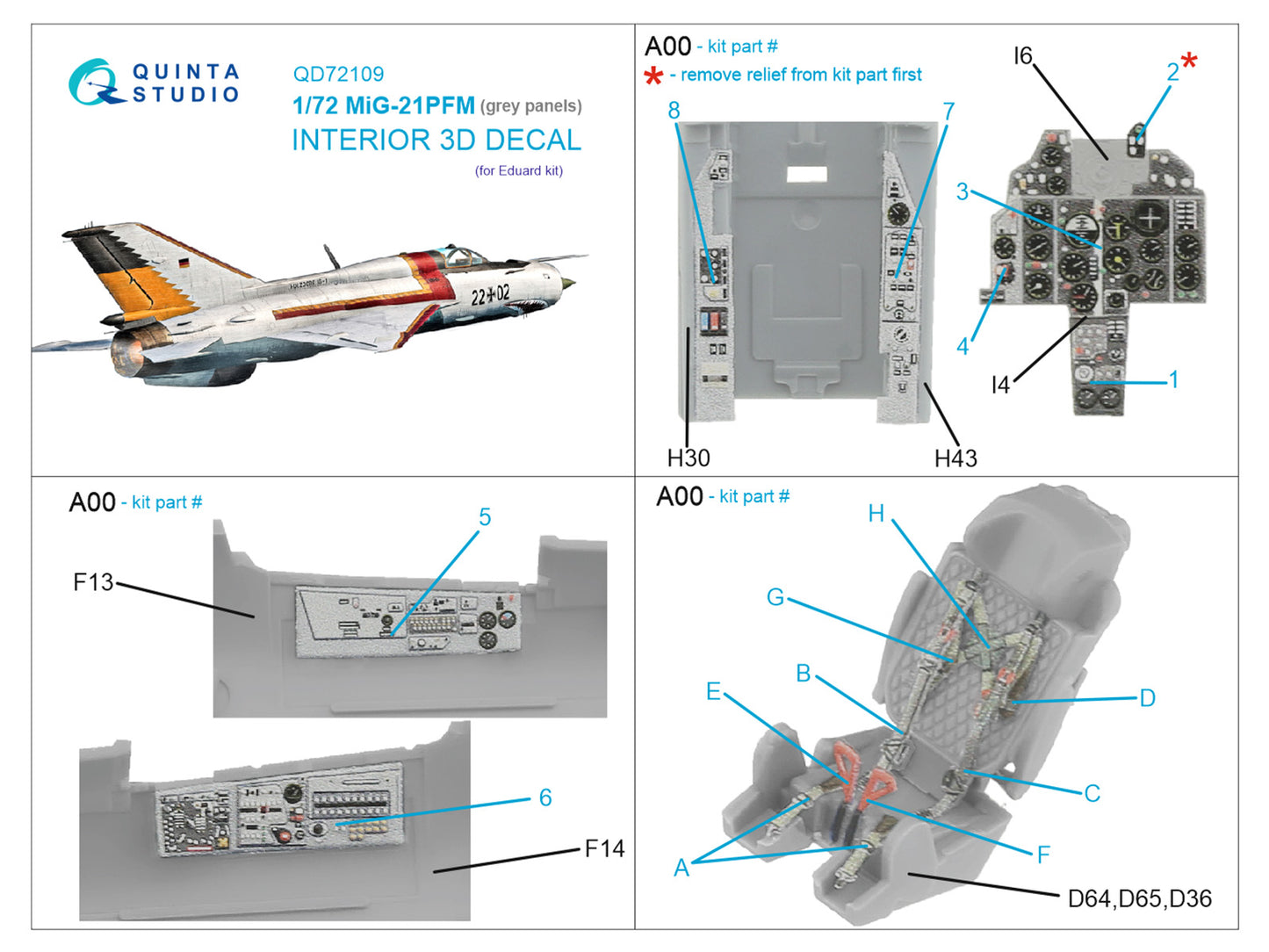 Quinta Studio QD72109 1:72 MiG-21PFM Gray Panels 3D Interior