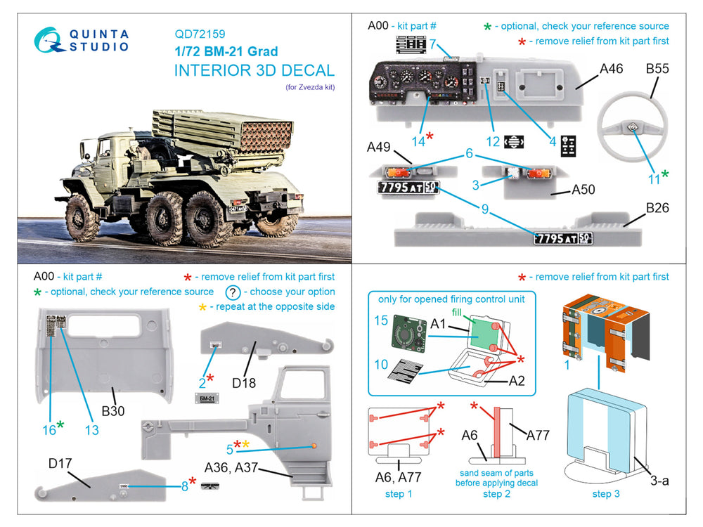 Quinta Studio QD72159 1:72 BM-21 Grad 3D-Printed Interior Decals