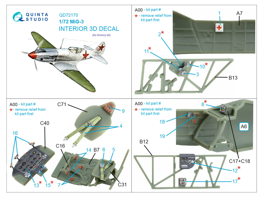 Quinta Studio QD72170 1:72 Mikoyan MiG-3 3D-Printed Interior Decals