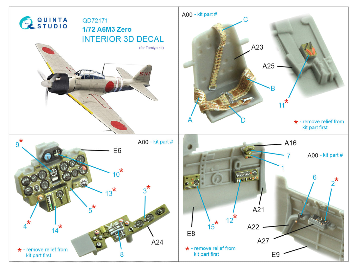 Quinta Studio QD72171 1:72 A6M3 Zero 3D Interior Decal