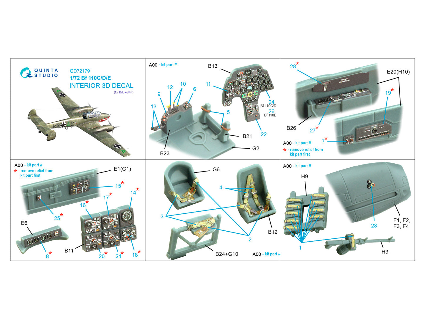 Quinta Studio QD72179 1:72 Bf-110C/D/E 3D Interior Decal