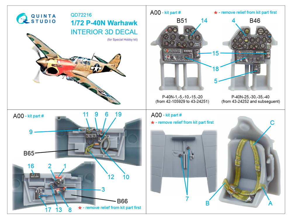 Quinta Studio QD72216 1:72 P-40N Warhawk 3D Interior Decal