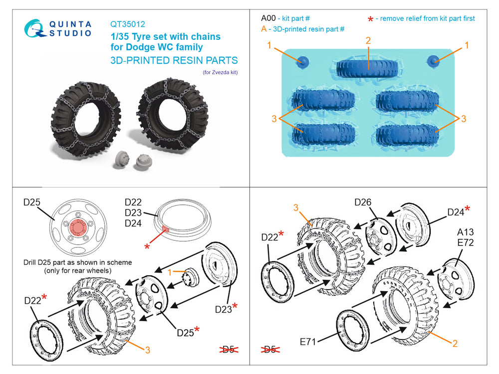 Quinta Studio QT35012 1:35 Dodge WC-54 Family tyre set with chains