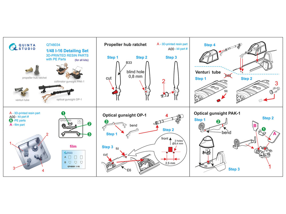 Quinta Studio QT48034 1:48 Polikarpov I-16 Detail Set Propeller/Gunsight