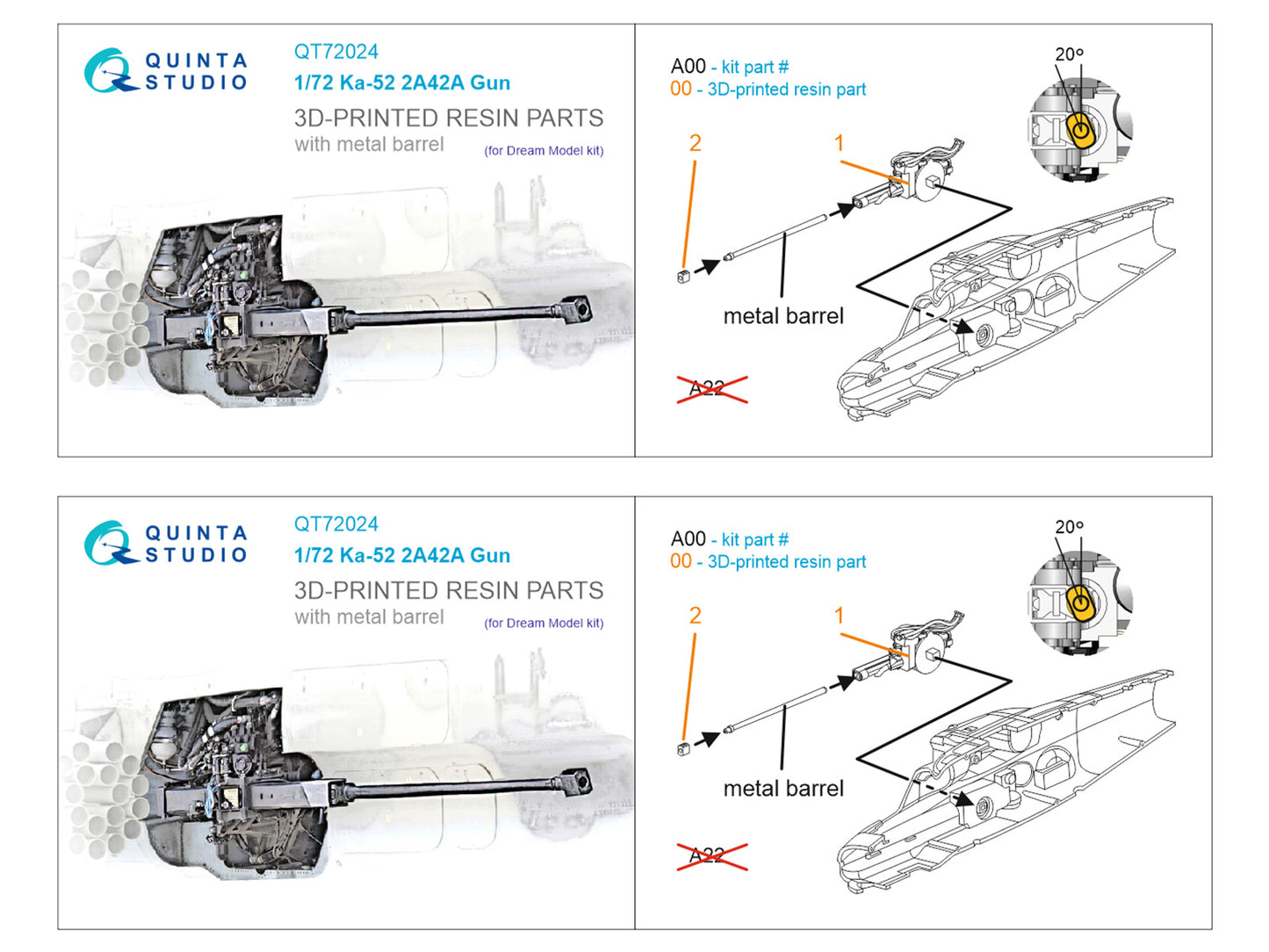 Quinta Studio QT72024 1:72 Kamov Ka-52 2A42 gun with metal barrel
