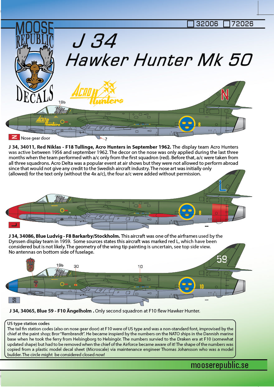 Moose Republic Decals RBDS32006 1:32 J 34 Hawker Hunter