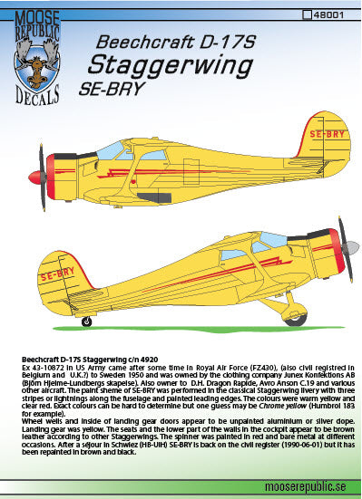 Moose Republic Decals RBDS48001 1:48 Beech 17 Staggerwing SE-BRY [UC-43 D17S]