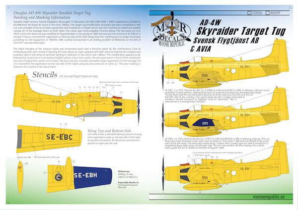 Moose Republic Decals RBDS48009 1:48 Douglas AD-4W Skyraider Swedish Target Tug