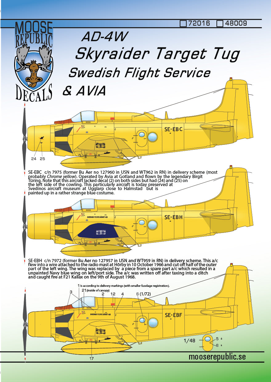 Moose Republic Decals RBDS48009 1:48 Douglas AD-4W Skyraider Swedish Target Tug