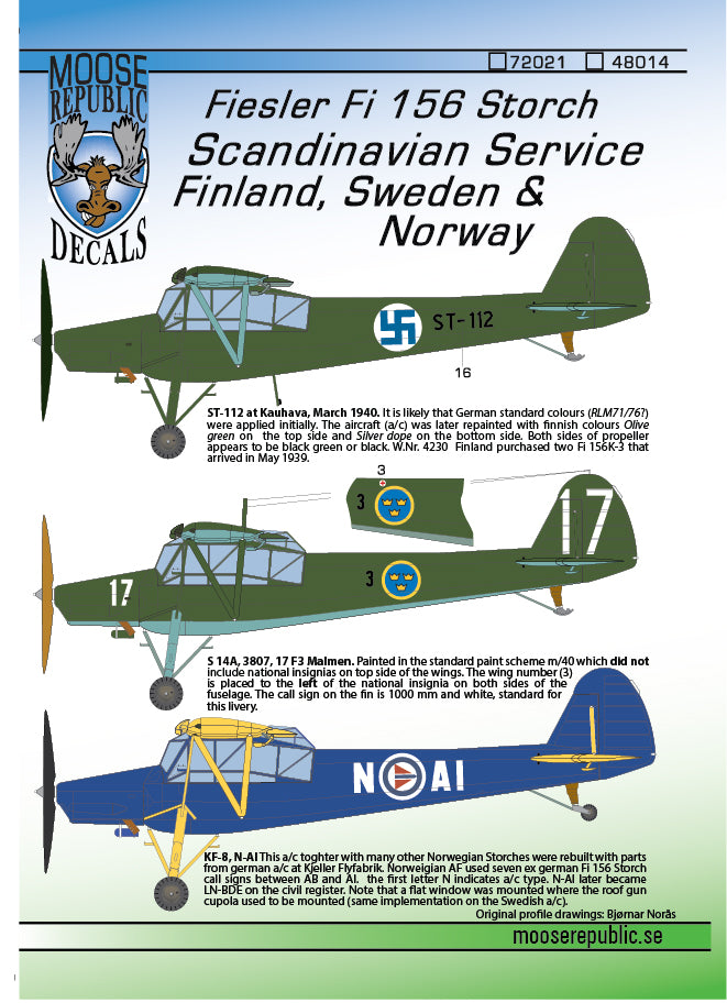 Moose Republic RBDS48014 1:48 Fi-156C Storch Finland/Sweden/Norway