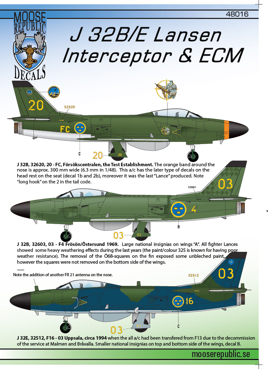 Moose Republic Decals RBDS48016 1:48 Saab J-32B/E 'Lansen' Interceptor & ECM