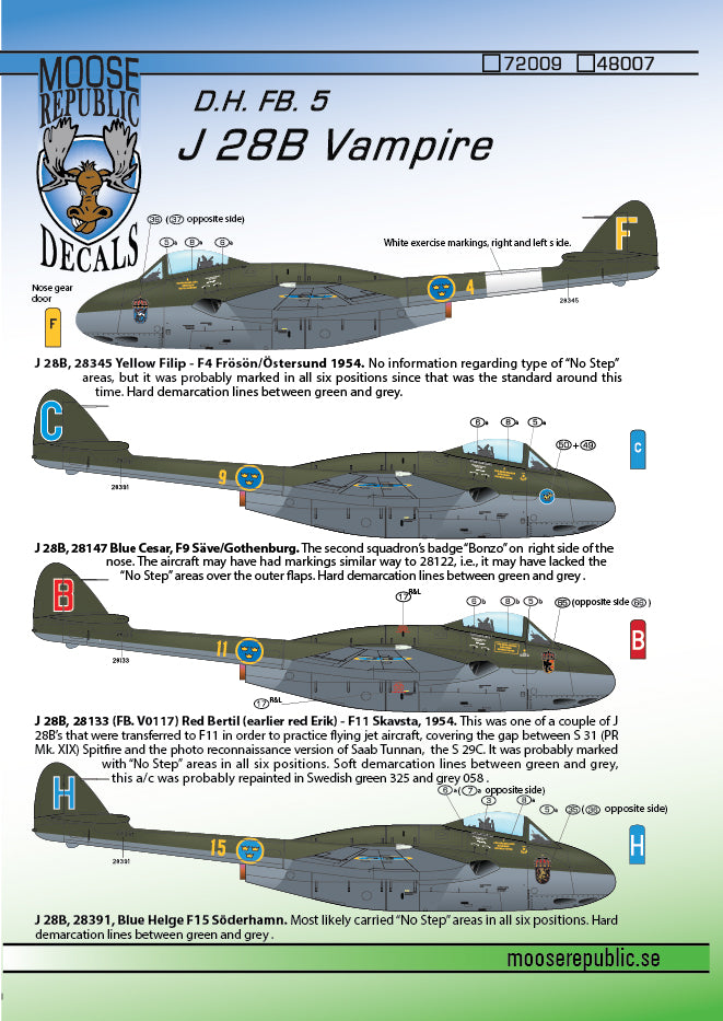 Moose Republic Decals RBDS72009 1:72 J 28B/de Havilland Vampire FB.5