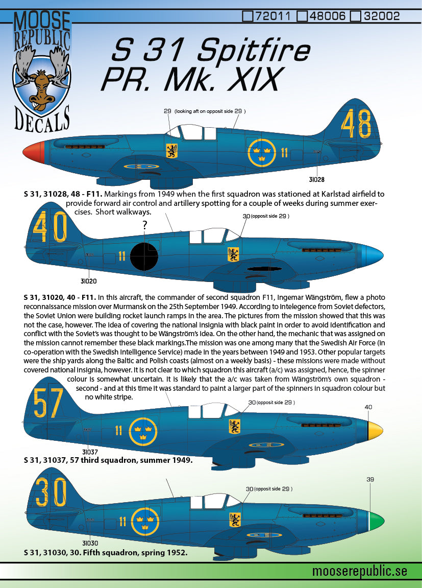 Moose Republic Decals RBDS72011 1:72 S 31 Supermarine Spitfire Mk.XIX