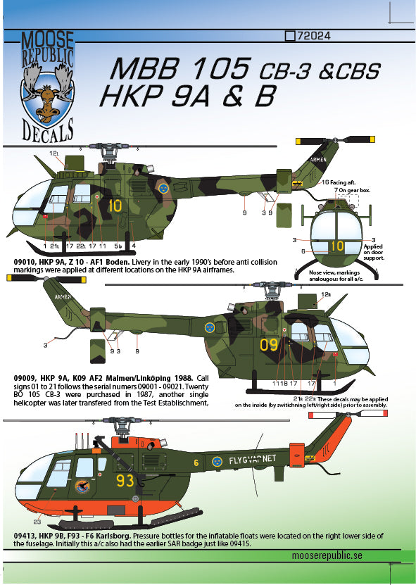 Moose Republic Decals RBDS72024 1:72 HKP 9A/HKP 9B MBB Bo-105 GSH