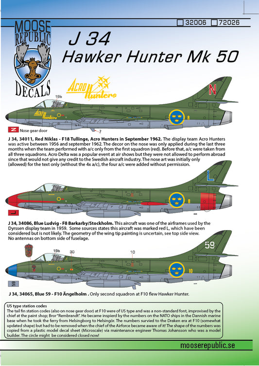 Moose Republic Decals RBDS72026 1:72 J 34 Hawker Hunter