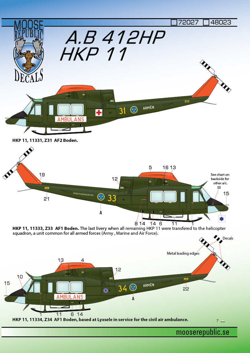 Moose Republic Decals RBDS72027 1:72 Agusta-Bell AB 412HP/HKP 11