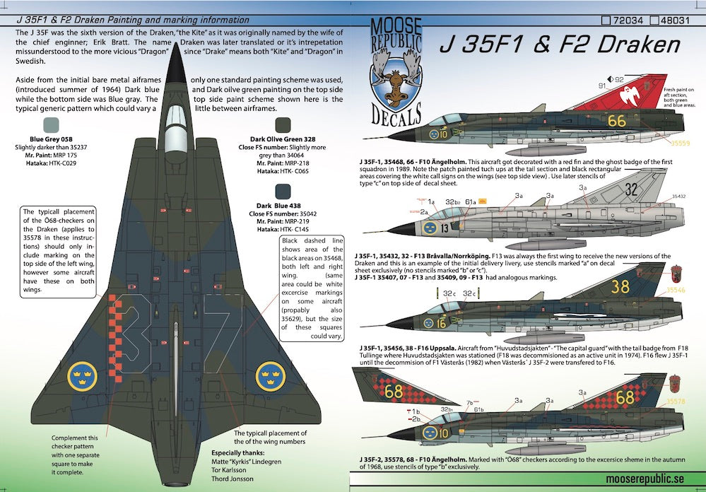 Moose Republic Decals RBDS72034 1:72 Saab J-35F-1/J35F-2