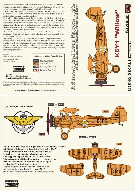 Rising Decals RD72087 1:72 Yokosuka K5Y1 Willow Unknown Units