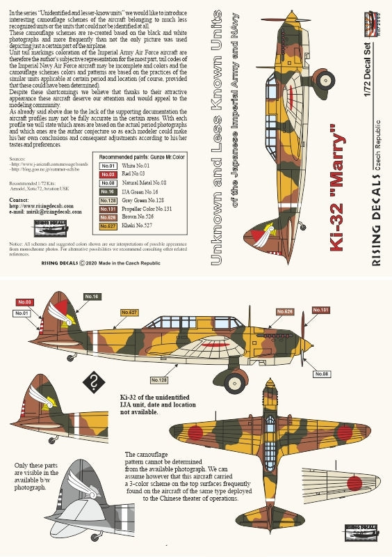 Rising Decals RD72090 1:72 Kawasaki Ki-32 Mary Unknown Units Part V