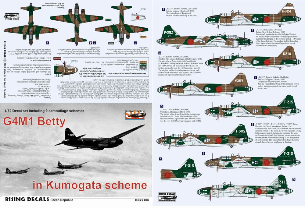 Rising Decals RD72106 1:72 Mitsubishi G4M1 Betty in Kumogata scheme