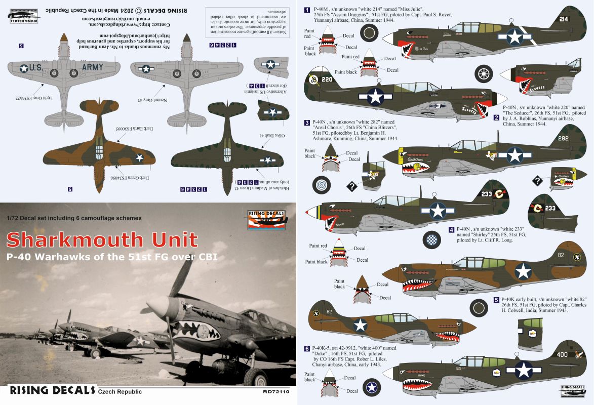 Rising Decals RD72110 1:72 Curtiss P-40K/P-40M/P-40N Sharkmouth Unit