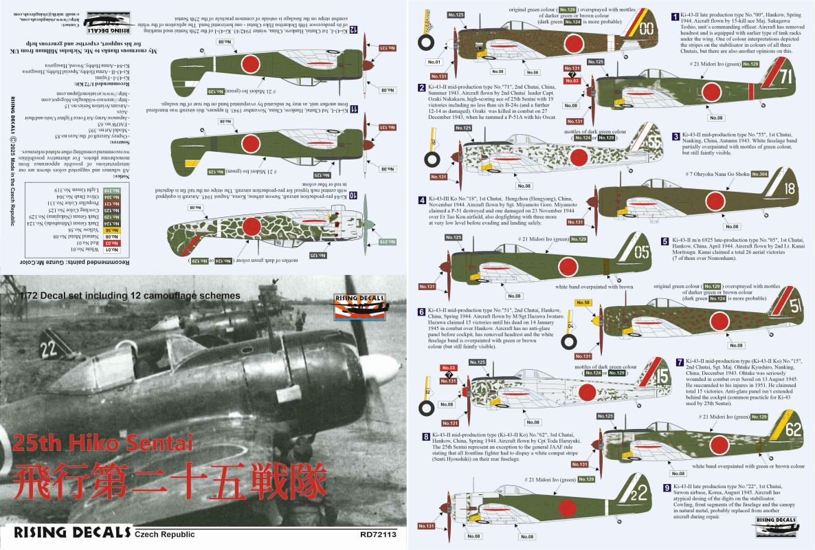 Rising Decals RD72113 1:72 Japanese Army Fighters Used by 25th Hiko Sentai