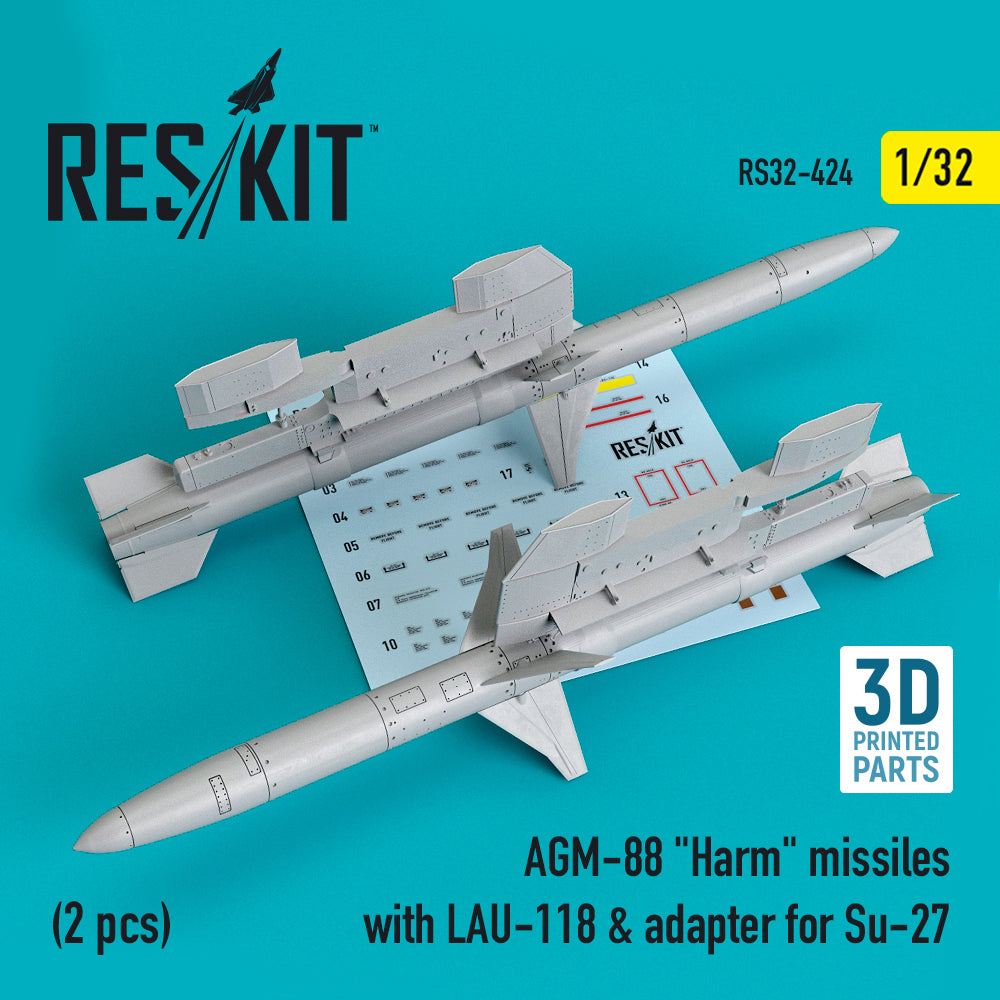 ResKit RS32-0424 1:32 AGM-88 Harm missiles LAU-118 & adapter for Sukhoi Su-27