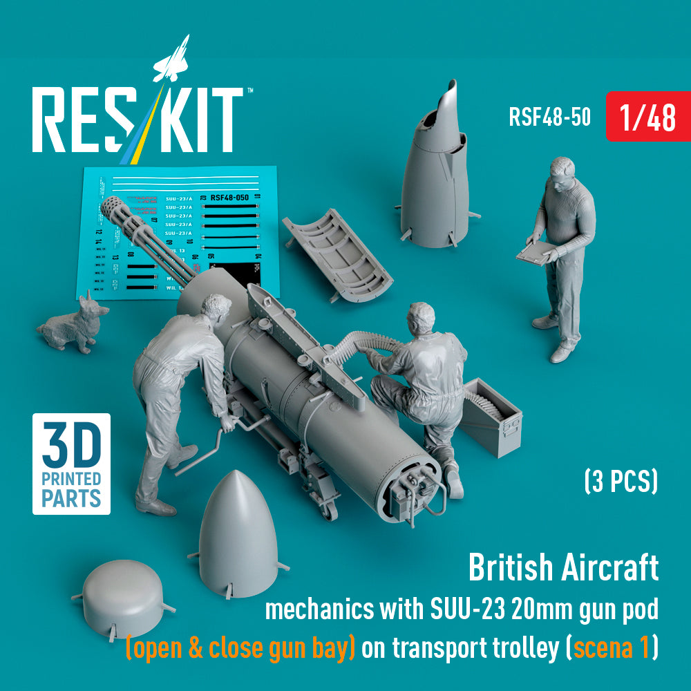 ResKit RSF48-0050 1:48 British Aircraft mechanics with SUU-23 20mm gun pod