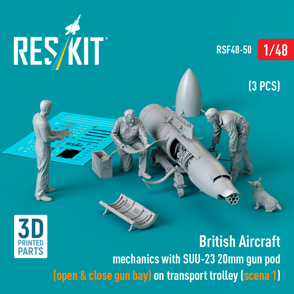 ResKit RSF48-0050 1:48 British Aircraft mechanics with SUU-23 20mm gun pod