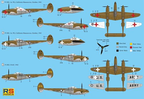 RS Models RSMI92155 1:72 Lockheed P-38D Lightning 3 decal variants for USA 1