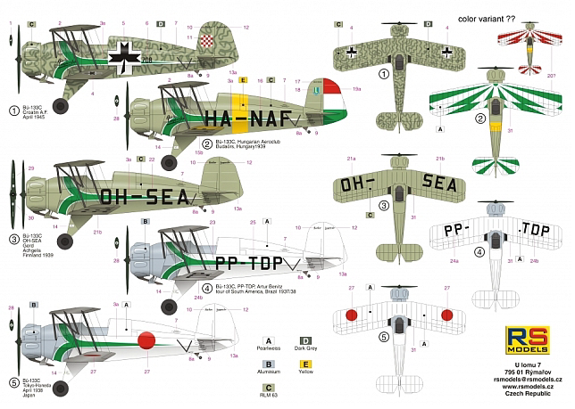 RS Models RSMI92222 1:72 Bucker Bu-133C "Green stripe" 5 decal variants 1