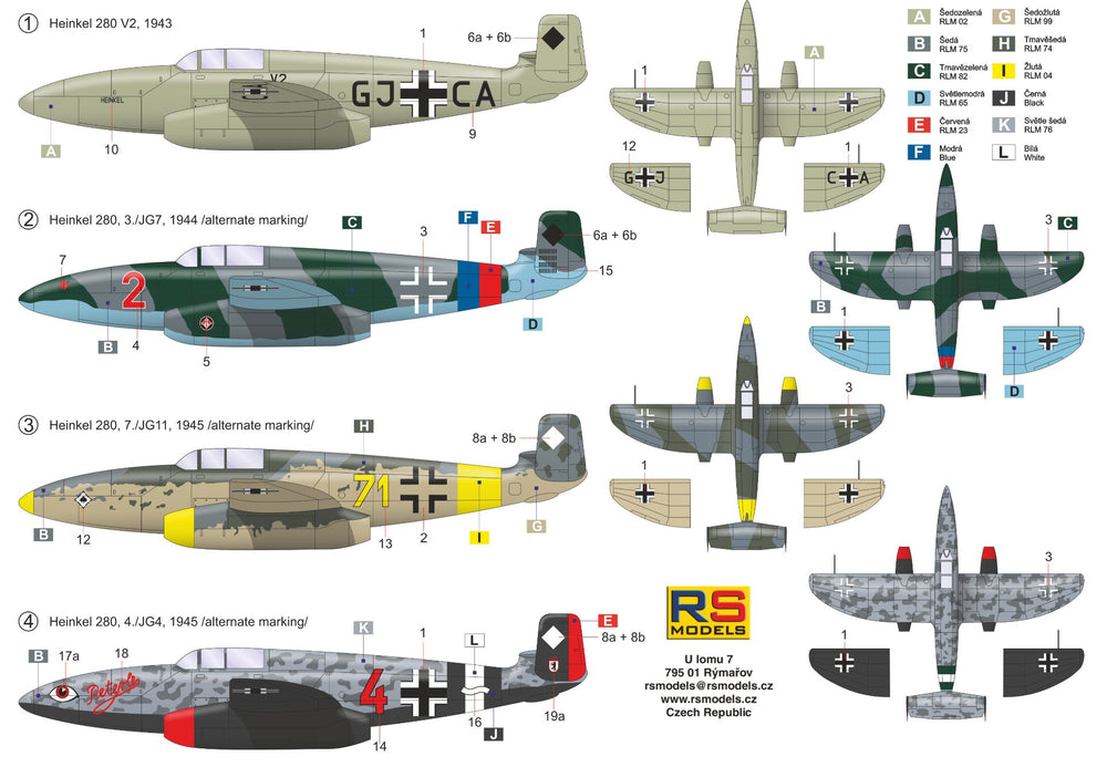 RS Models RSMI92251 1:72 Heinkel He-280 Juma 004 4 decal for Luftwaffe
