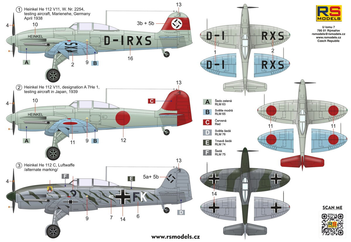 RS Models RSMI94008 1:72 Heinkel He-112V-11 3 decal v