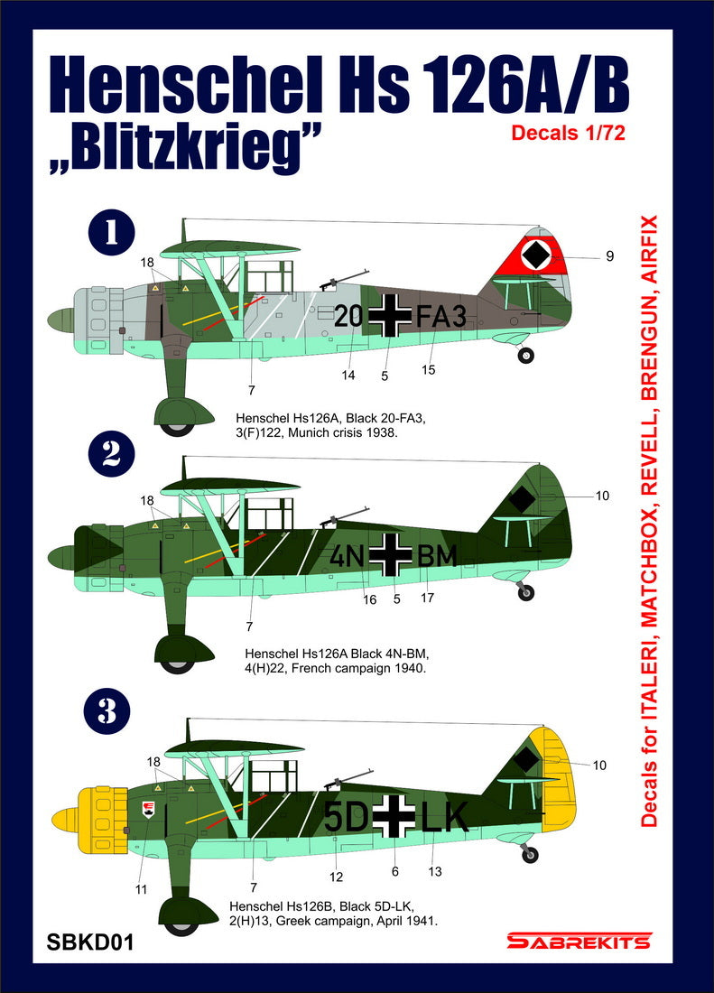 Sabre Kits SBKD01 1:72 Henschel Hs-126A/B Blitzkrieg Decals