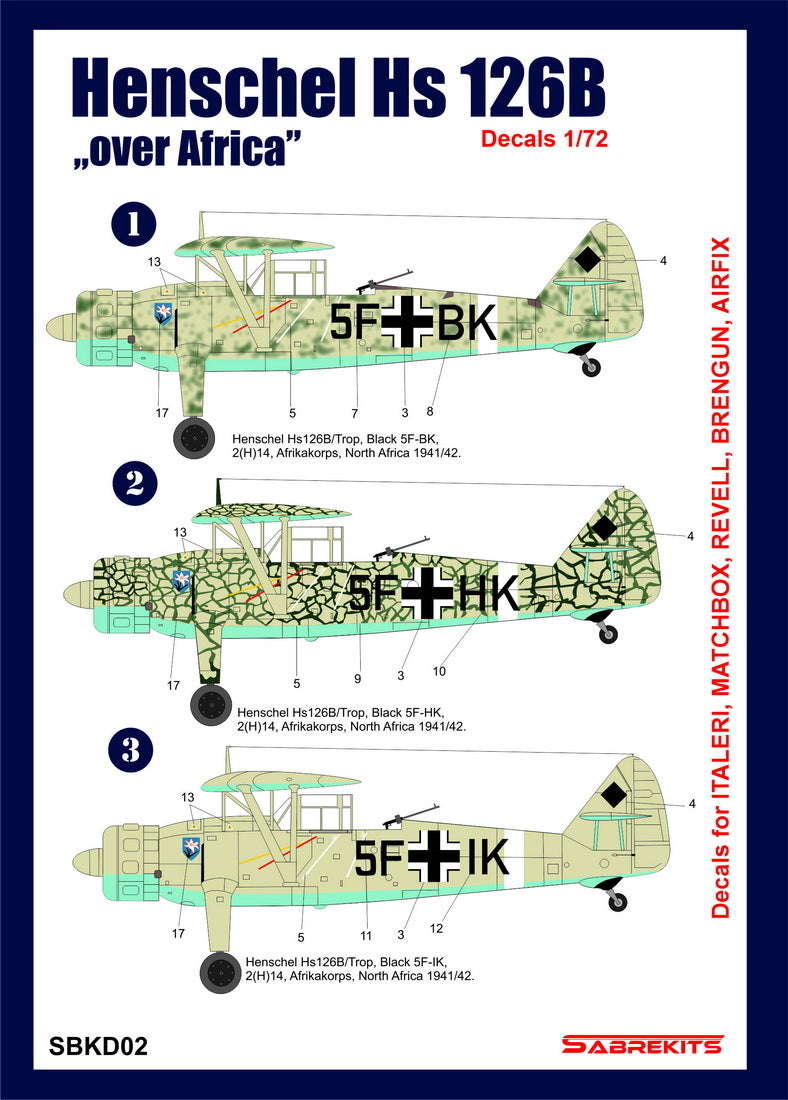 Sabre Kits SBKD02 1:72 Henschel Hs-126B Over Africa Decals