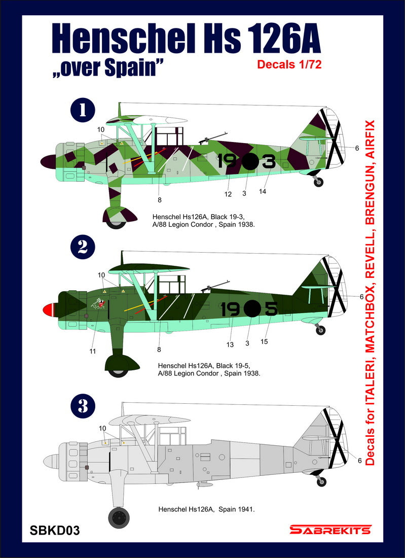 Sabre Kits SBKD03 1:72 Henschel Hs-126A Over Spain Decals