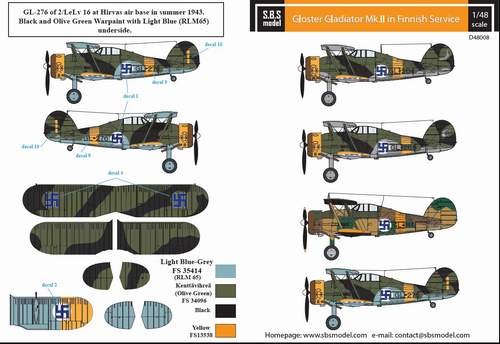 SBS Model SBSD4808D 1:48 Gloster Gladiator Finnish Air Force WWII decal sheet