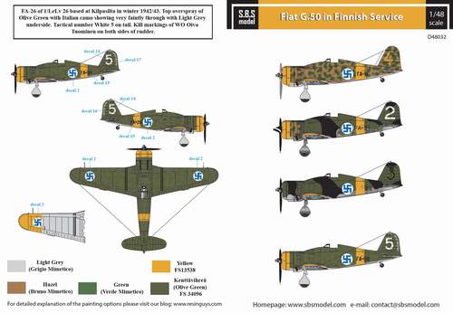 SBS Model SBSD4832D 1:48 Fiat G.50 Finnish Service decal sheet