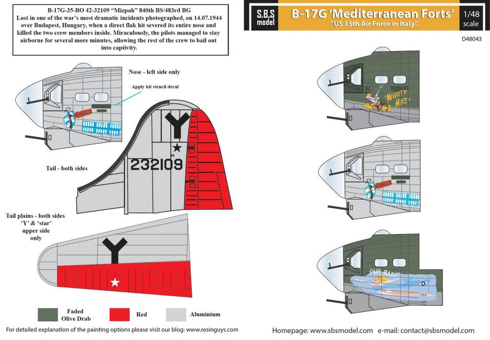 SBS Model SBSD4843D 1:48 B-17G Mediterranean Forts Decals