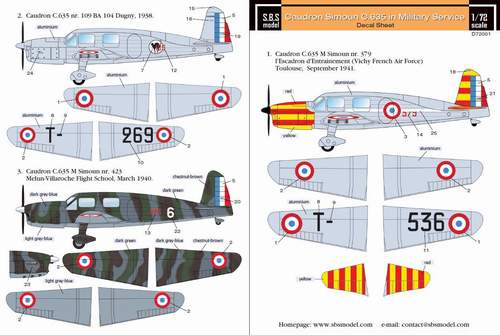 SBS Model SBSD7201D 1:72 Caudron Simoun in military service for Heller kit