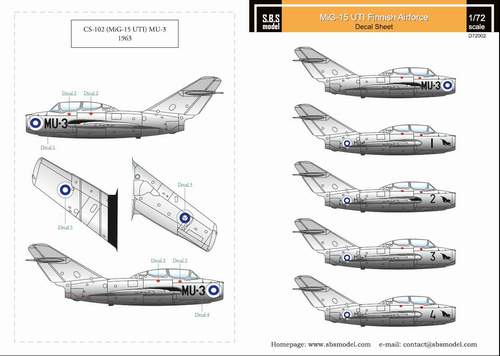 SBS Model SBSD7202D 1:72 Mikoyan MiG-15UTI Finnish Air Force decals