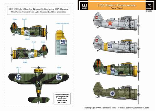 SBS Model SBSD7203D 1:72 Polikarpov I-153 Finnish Air Force WW II decals